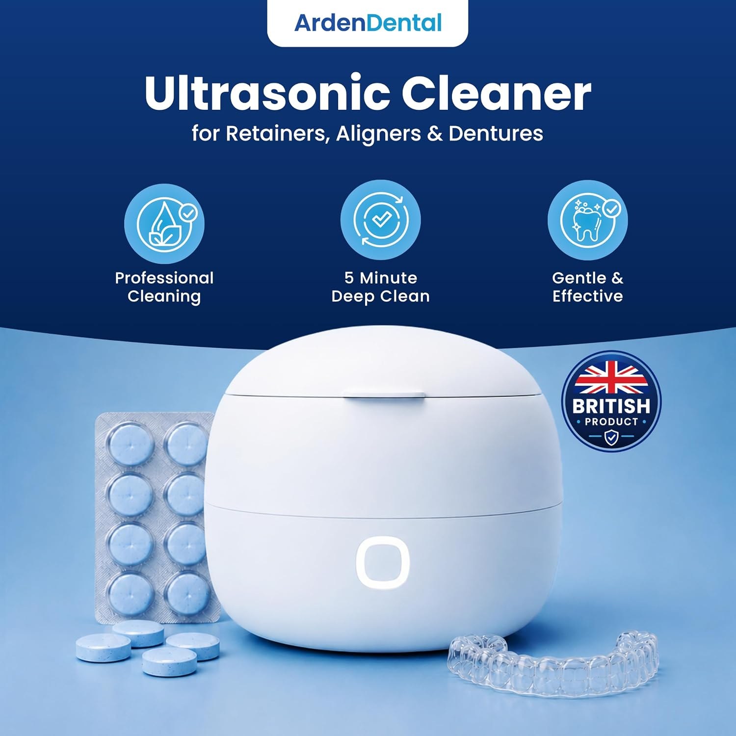 ArdenDental ultrasonic and UV-C retainer cleaner in use